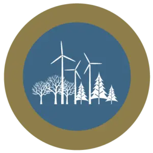 A gold circle with trees and wind turbins in the centre - The Brechfa West Community Windfarm Fund logo.