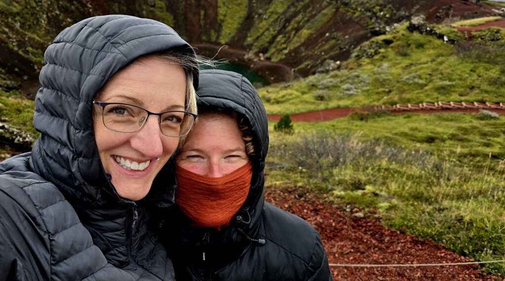 Selfie at Kerrid Crate. myself and Vic smiling at the camera with the crater behind.