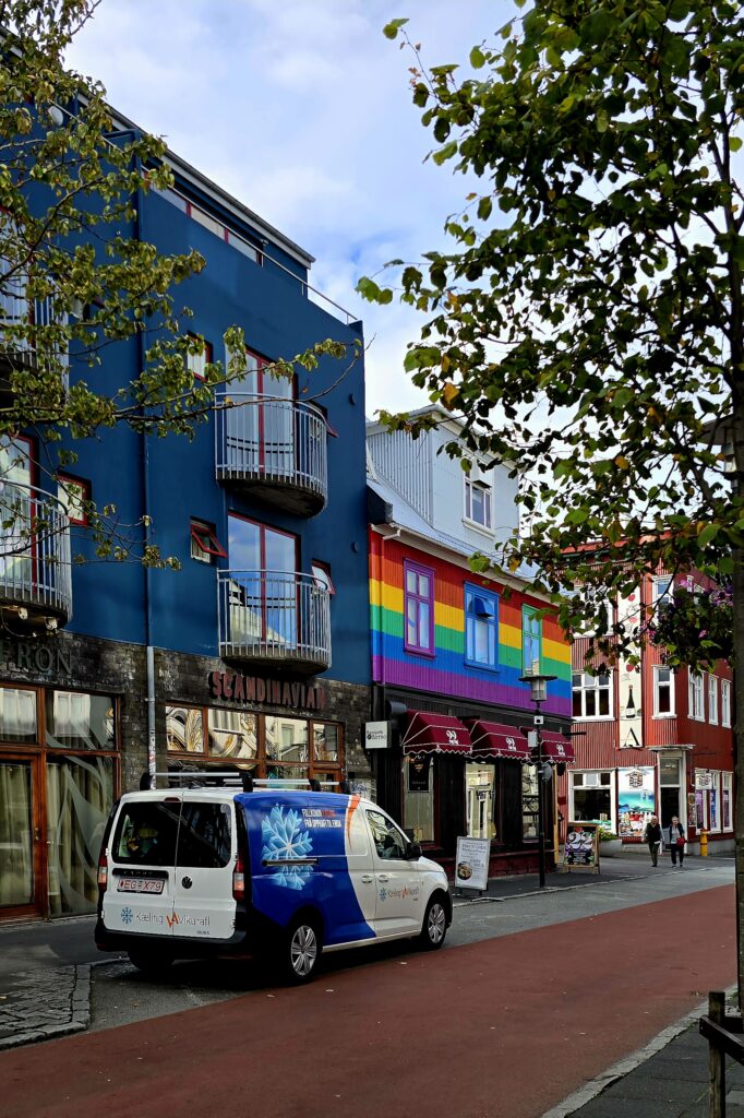 Laugavegur - the main shopping street in Reykjavik. A street of sops and colourful corrugated buildings
