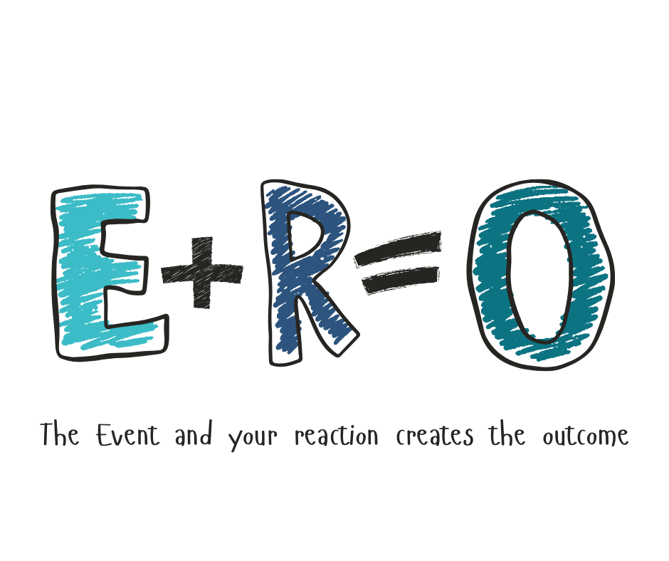 Text image that spells out: E + R = O and underneath says: The event and your reaction creates the outcome.